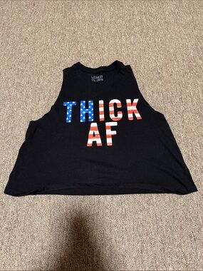 Black Crop Tank Top with American Flag 'THICK AF' Graphic